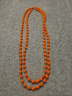 Vintage Orange Bead Double Strand Necklace Gold Tone Spacer Beads Retro